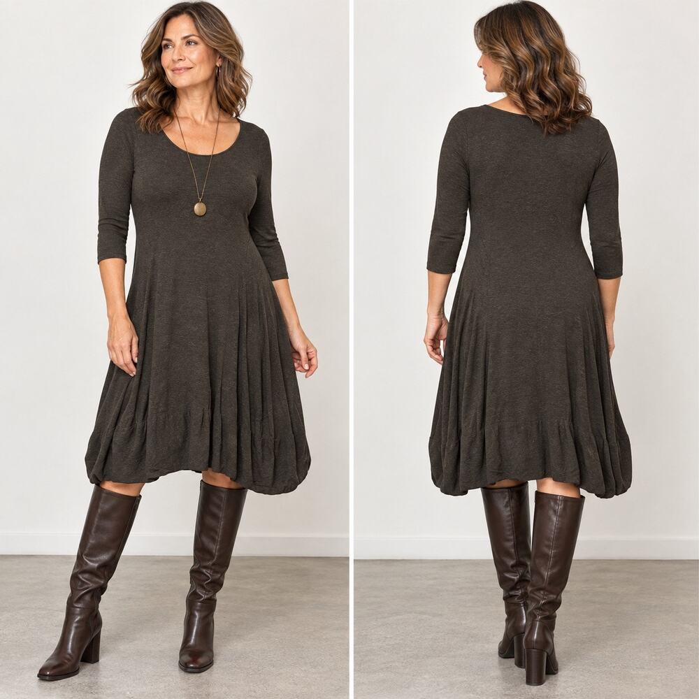 Eileen Fisher Flared A-Line Knit Dress Fluid Hem Charcoal XS Minimalist Boho